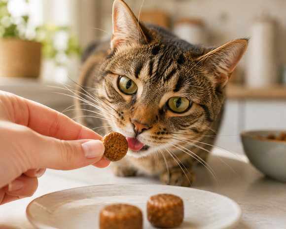Cat eating PureFeline digestive and urinary supplement chew for daily gut health and UTI prevention
